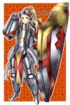  1girl armor blonde_hair fire_emblem fire_emblem_engage full_armor grey_armor high_ponytail highres holding holding_shield jade_(fire_emblem) maji_(majibomber) plate_armor shield sidelocks solo visor_(armor) yellow_eyes 