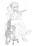  1girl alma01 ar-15 assault_rifle china_dress chinese_clothes crossed_legs dress fang gun hair_bun hair_ornament hairpin highres long_sleeves looking_at_viewer messy_hair monochrome original rifle sitting smile smoke smoking_pipe solo weapon 