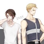  2boys angry bandage_on_face bandages belt black_belt blonde_hair blue_eyes blue_vest brown_background brown_hair bruise bruise_on_face covering_mouth dated facing_to_the_side final_fantasy final_fantasy_vii furrowed_brow hair_slicked_back hand_on_own_face hand_on_own_hip hand_up hiryuu_(kana_h) injury male_focus midriff_peek multiple_boys no_coat no_gloves no_jacket seifer_almasy shirt short_hair signature simple_background sleeveless squall_leonhart standing upper_body v-neck vest white_background white_shirt wiping_mouth 