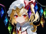  1girl ascot black_background blonde_hair bow expressionless flandre_scarlet hat jacket looking_at_viewer mob_cap rainbow_wings red_bow red_eyes red_jacket sakizaki_saki-p shirt short_hair solo touhou white_headwear white_shirt yellow_ascot 