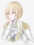  1boy ascot blonde_hair blue_eyes closed_mouth ensemble_stars! epaulettes expressionless grey_background grey_shirt head_rest highres jacket long_sleeves looking_at_viewer male_focus ntec231 shirt short_hair solo tenshouin_eichi white_ascot white_jacket 