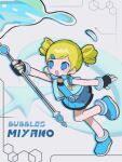  1girl :d belt black_gloves blonde_hair blue_dress blue_eyes blue_footwear bubble character_name dress drill_hair fingerless_gloves gloves goutokuji_miyako highres leg_up morizo_(morizoshop) no_nose no_pupils open_mouth powerpuff_girls_z rolling_bubbles short_hair smile solo twin_drills white_belt 