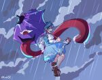  blue_hair blue_vest geta grey_sky heterochromia highres juliet_sleeves karakasa_obake karebu52 long_sleeves outdoors puffy_sleeves purple_umbrella rain sky storm tatara_kogasa touhou tsukumogami umbrella vest water_drop 