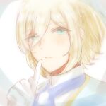  1boy aqua_eyes blonde_hair blue_necktie ensemble_stars! finger_to_mouth gloves grey_background looking_at_viewer male_focus multicolored_background necktie ntec231 parted_lips shirt short_hair shushing sketch solo teeth tenshouin_eichi white_background white_gloves white_shirt 