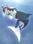  1girl apron black_hair dress frilled_dress frills full_body green_dress highres klew long_hair long_sleeves maid_apron maid_headdress mermaid monster_girl orca_girl original solo taur twitter_username underwater violet_eyes white_apron 