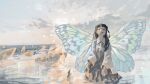  1girl baketsu_desu black_eyes black_hair black_skirt butterfly_girl butterfly_wings clouds collared_shirt grey_shirt highres insect_wings long_hair morning original outdoors shirt skirt sky solo water wings 