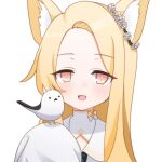  1girl :d absurdly_long_hair animal_ear_fluff animal_ears bird blonde_hair blue_archive blush fox_ears highres long_hair looking_at_viewer open_mouth parted_bangs petako_(ptpt_k) seia_(blue_archive) simple_background smile solo upper_body very_long_hair white_background yellow_eyes 