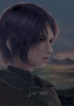  1girl artist_name black_hair black_jacket black_shirt character_name closed_mouth facing_to_the_side final_fantasy final_fantasy_xvi grey_eyes highres jacket jote_(ff16) jote_art looking_to_the_side outdoors parted_bangs portrait realistic shirt short_hair solo wavy_hair 