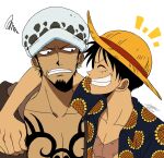  2boys arm_around_shoulder artist_name black_hair clenched_teeth closed_eyes commentary_request earrings facial_hair fur_hat goatee hat highres jewelry keppon male_focus monkey_d._luffy multiple_boys one_piece open_clothes scar scar_on_cheek scar_on_chest scar_on_face short_hair sideburns signature simple_background smile straw_hat tattoo teeth trafalgar_law 