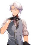  1boy absurdres arm_at_side asymmetrical_bangs azul_ashengrotto bishounen black_gloves black_pants blue_vest blurry closed_mouth depth_of_field glasses gloves grey_eyes grey_hair hair_between_eyes highres looking_at_viewer male_focus mole mole_under_mouth necktie ororooops pants short_hair simple_background sleeves_rolled_up solo striped_necktie twisted_wonderland vest wet white_background 