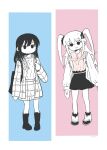  2girls backpack bag belt boots copyright_request dot_mouth hair_ribbon highres holding holding_bag jacket jitome kitunenosousuke knee_boots looking_at_viewer medium_hair monochrome multiple_girls no_nose plaid plaid_jacket plaid_skirt ribbon shirt shoulder_bag skirt twintails 