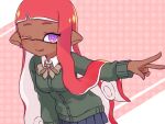  1girl blue_skirt bow bowtie breasts collar dark-skinned_female dark_skin dotted_background eyelashes green_bow green_bowtie green_shirt inkling inkling_girl inuowour long_hair one_eye_closed pink_background pink_bow pink_bowtie pleated_skirt pointy_ears redhead shirt skirt solo splatoon_(series) tentacle_hair tongue tongue_out two-tone_bowtie upper_body v violet_eyes white_collar 