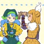  2girls apron arm_ribbon black_hair blonde_hair blue_hair blue_ribbon closed_mouth commentary_request double_bun dress elbow_gloves fingerless_gloves frilled_apron frilled_sleeves frills gloves green_apron green_headwear hair_bun hand_on_own_hip hand_up haniyasushin_keiki joutouguu_mayumi kaigen_1025 long_hair magatama multiple_girls no_sclera parted_lips pocket puffy_short_sleeves puffy_sleeves purple_gloves red_ribbon ribbon shirt short_sleeves single_blush_sticker sketch smile touhou violet_eyes white_ribbon white_shirt yellow_dress 