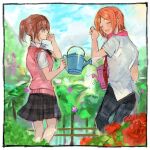  1boy 1girl anzu_(ensemble_stars!) black_pants black_skirt brown_hair character_request closed_eyes collared_shirt ensemble_stars! flower headphones headphones_around_neck high_ponytail holding holding_watering_can long_hair necktie open_mouth orange_hair outdoors pants pink_sweater_vest pyongtaro red_flower shirt short_sleeves skirt smile sweater_vest watering watering_can white_shirt 