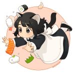  1girl absurdres akai_sashimi apron artist_name black_dress black_hair dress falling fish_(food) food highres maid maid_apron makizushi original rice salmon sashimi shrimp shrimp_tempura solo sushi tempura white_apron white_background 