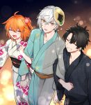  1girl 2boys :d alternate_costume aqua_kimono armlet bags_under_eyes black_hair black_kimono blurry blush bokeh closed_eyes depth_of_field fang fate/grand_order fate_(series) fujimaru_ritsuka_(female) fujimaru_ritsuka_(male) grin highres japanese_clothes jewelry kadoc_zemlupus kimono locked_arms looking_at_another mask mask_on_head multiple_boys nemu24i new_year obi open_mouth orange_eyes orange_hair print_kimono ring sash short_hair smile sweat viy_(fate) white_hair white_kimono 