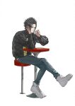  1boy black_hair black_jacket blue_eyes blue_pants casual crossed_legs cup denim drinking final_fantasy final_fantasy_vii full_body hair_slicked_back hand_in_own_hair holding holding_cup jacket jeans kaz0u0 light_smile long_sleeves male_focus pants parted_bangs short_hair sitting solo table white_background white_footwear zack_fair 