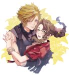  1boy 1girl absurdres aerith_gainsborough arm_around_back bangle black_gloves blonde_hair blue_eyes blue_shirt blush bracelet braid braided_ponytail breasts brown_hair closed_mouth cloud_strife couple demi_co dress final_fantasy final_fantasy_vii final_fantasy_vii_rebirth floral_background flower gloves green_eyes hair_between_eyes hair_ribbon hetero highres hug jacket jewelry lily_(flower) long_hair looking_at_viewer medium_breasts open_mouth parted_bangs pink_dress pink_ribbon red_jacket ribbon shirt short_hair short_sleeves sidelocks single_bare_shoulder single_braid sleeveless sleeveless_turtleneck spiky_hair suspenders turtleneck upper_body wavy_hair yellow_flower 