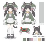  1girl absurdres animal_ears arrow_(symbol) black_hair black_sash bow bowtie buttons cat_ears cat_girl cat_tail color_guide dress green_eyes green_footwear green_jacket grey_footwear hat highres jacket kneehighs long_hair long_sleeves mary_janes morizo_(morizoshop) open_clothes open_jacket original pink_bow puffy_long_sleeves puffy_sleeves reference_sheet sash shoes sleeve_bow socks standing tail twintails twitter_username white_bow white_dress white_socks yellow_bow yellow_bowtie 