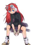  1boy bike_shorts blue_eyes closed_mouth feet_out_of_frame fingerless_gloves gloves goggles grandia grandia_i highres justin_(grandia) long_hair looking_at_viewer male_focus redhead simple_background solo white_background zyushi10 