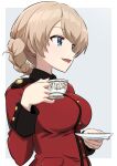  1girl blonde_hair blue_eyes blush braid breasts cup darjeeling_(girls_und_panzer) ehirorotoon girls_und_panzer highres holding holding_cup holding_saucer jacket long_hair long_sleeves looking_at_viewer saucer smile st._gloriana&#039;s_military_uniform tea teacup upper_body 