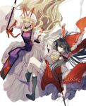  2girls black_hair blonde_hair bow detached_sleeves dress frilled_hair_tubes frills hair_bow hair_tubes hakurei_reimu hat highres long_hair mob_cap multiple_girls nontraditional_miko purple_tabard red_eyes red_shirt red_skirt shirt simple_background skirt tabard touhou violet_eyes white_background white_dress xian_qishui yakumo_yukari 