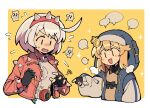 2girls androgyne_symbol black_gloves blonde_hair blue_eyes blush bracelet bridget_(guilty_gear) collar elphelt_valentine female_focus fingerless_gloves gloves guilty_gear guilty_gear_strive habit hairband highres hood hood_up hooded_jacket hoodie itsuka_neru jacket jewelry long_sleeves medium_hair open_clothes open_hoodie open_mouth pink_hairband short_hair smile spiked_bracelet spiked_collar spiked_hairband spikes upper_body white_hair yo-yo