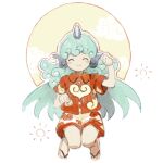  1girl blush_stickers closed_eyes closed_mouth collared_shirt commentary_request facing_viewer flat_chest horns kaigen_1025 komano_aunn no_nose paw_pose red_shirt sandals shirt shorts single_horn smile solo touhou white_shorts 