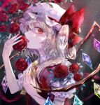  1girl absurdres ascot blonde_hair crystal_wings flandre_scarlet flower from_side hat hat_ribbon highres mob_cap puffy_short_sleeves puffy_sleeves red_eyes red_flower red_ribbon red_rose red_vest ribbon rose shirt short_sleeves solo suzushina touhou vest white_headwear white_shirt yellow_ascot 