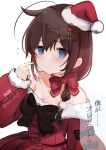  1girl 9610_(kuroto) ahoge alternate_costume artist_name blue_eyes bow braid brown_hair dated dress fur-trimmed_dress fur-trimmed_headwear fur_trim hair_flaps hair_over_shoulder hat highres kantai_collection long_hair off-shoulder_dress off_shoulder red_bow red_dress santa_hat shigure_(kancolle) shigure_kai_ni_(kancolle) simple_background single_braid solo twitter_username upper_body white_background 