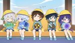  2boys 3girls aged_down aqua_eyes aqua_hair black_hair blue_eyes blue_hair blue_shirt blue_shorts blue_skirt braid brown_hair bus_interior closed_eyes closed_mouth furina_(genshin_impact) genshin_impact gradient_hair green_hair grey_hair hair_between_eyes hair_ornament hat hei_lang heterochromia kindergarten_uniform long_hair multicolored_hair multiple_boys multiple_girls nahida_(genshin_impact) open_mouth pointy_ears purple_hair raiden_shogun school_hat school_uniform shirt shoes shorts skirt sleeping smile socks stuffed_toy twin_braids venti_(genshin_impact) violet_eyes white_hair zhongli_(genshin_impact) 