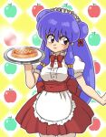  1girl apple bow breasts double_bun food fruit hair_between_eyes hair_bow hair_bun happy purple_hair ranma_1/2 red_bow shampoo_(ranma_1/2) smile solo waffle waitress wanta_(futoshi) 