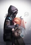  &gt;_&lt; 1girl 1other absurdres arknights backpack bag black_jacket brown_sweater charm_(object) closed_eyes cowboy_shot doctor_(arknights) feather_hair heart highres hood hood_up hooded_jacket hug jacket kimsuwan2013 long_hair long_sleeves mask mole mole_under_eye orange_hair pinecone_(arknights) ponytail simple_background sleep_bubble spoken_expression sweater white_background white_bag 