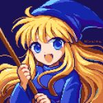  1girl blonde_hair blue_background blue_eyes blue_headwear blue_robe broom hiroita holding holding_broom looking_at_viewer lowres madou_monogatari open_mouth pixel_art puyopuyo robe signature solo upper_body witch witch_(puyopuyo) 