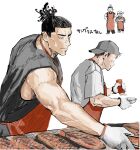  2boys alternate_costume apron backwards_hat bare_arms baseball_cap black_hair cooking doodle_inset food hat highres itadori_yuuji jujutsu_kaisen ketchup male_focus meat multiple_boys muscular muscular_male nandemotokasu scar scar_across_eye short_hair sideburns toudou_aoi_(jujutsu_kaisen) translation_request undercut upper_body 