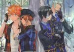  4boys ascot black_gloves black_hair black_headwear black_jacket blue_ascot blue_eyes blue_hair cabbie_hat character_request closed_mouth ensemble_stars! frilled_sleeves frills gloves hat jacket jewelry long_sleeves mask multiple_boys necklace orange_hair pyongtaro shirt upper_body white_shirt 