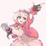  1girl aqua_eyes black_gloves bracelet breasts clover collar dress elphelt_valentine fingerless_gloves four-leaf_clover frilled_dress frills gloves guilty_gear guilty_gear_strive hairband highres holding holding_microphone jewelry large_breasts long_sleeves looking_at_viewer microphone open_mouth pink_dress pink_hairband roo_san short_hair smile spiked_bracelet spiked_collar spiked_hairband spikes two-tone_dress white_dress white_hair 