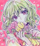  1girl akaioringo2023 ascot falling_petals flower green_hair holding holding_flower kazami_yuuka long_sleeves petals pink_flower pink_nails pink_rose portrait red_eyes red_vest rose shirt solo touhou traditional_media tulip vest white_shirt yellow_ascot yellow_flower yellow_tulip 