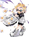  1girl aqua_eyes black_shorts bloblobber_(splatoon) blonde_hair bubble earphones fangs highres holding ierotak ink inkling inkling_girl jacket open_mouth pointy_ears shoes shorts sneakers solo splatoon_(series) standing tentacle_hair twitter_username white_background white_footwear 