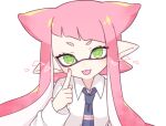  1girl blue_necktie collared_shirt diagonal_bangs eyelashes finger_to_cheek green_eyes inkling inkling_girl inuowour long_hair looking_at_viewer necktie pink_hair pointy_ears shirt solo splatoon_(series) tentacle_hair tongue tongue_out transparent_background upper_body white_shirt 