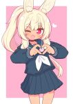  1girl ;d animal_ear_fluff animal_ears black_sailor_collar black_serafuku black_shirt black_skirt blonde_hair blush border choker collarbone commentary_request fang feet_out_of_frame heart heart-shaped_pupils heart_hands highres long_hair long_sleeves looking_at_viewer masurao_2_(sekaiju) miniskirt naga_u neckerchief one_eye_closed open_mouth outside_border pink_background pleated_skirt ponytail puffy_long_sleeves puffy_sleeves rabbit_ears rabbit_girl red_choker sailor_collar sailor_shirt school_uniform sekaiju_no_meikyuu sekaiju_no_meikyuu_5 serafuku shirt sidelocks skirt smile solo symbol-shaped_pupils thick_eyebrows violet_eyes white_border white_neckerchief 