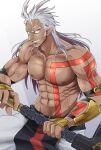  1boy abs anger_vein dark-skinned_male dark_skin highres holding holding_sword holding_weapon huge_weapon looking_at_viewer muscular muscular_male simple_background smile solo star_ocean star_ocean_the_second_story sword tomonaga topless_male weapon white_background white_hair zaphkiel_(star_ocean) 