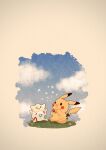  :d animal_focus black_eyes blue_sky bubble bubble_blowing clouds colored_skin commentary highres no_humans on_grass pikachu pokemon pokemon_(creature) simple_background sitting sky smile symbol-only_commentary tail togepi white_background yellow_skin zozozoshion 