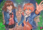  1boy 1girl arm_up black_skirt blue_jacket character_request ensemble_stars! from_above holding_hands jacket long_sleeves open_mouth orange_jacket pink_vest pyongtaro skirt smile vest wing_collar 