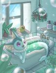  :d bathing bathtub bubble day faucet happy highres ichino_cco indoors open_mouth pokemon rubber_duck shelf smile soap_bottle tongue vaporeon violet_eyes water window 