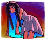  1girl :t backlighting black_hair blue_dress blue_eyes blue_hair blue_ribbon border bright_pupils cevio closed_mouth cokuuma collared_dress colored_inner_hair commentary_request dress feet_out_of_frame futaba_minato gradient_background gradient_dress gradient_hair leaning_forward long_hair looking_at_viewer multicolored_clothes multicolored_dress multicolored_hair neck_ribbon outside_border outstretched_arm ribbon sidelocks sleeveless sleeveless_dress solo standing white_border white_dress white_pupils 