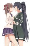  2girls blush bow brown_hair character_request commentary_request hair_bow hair_ribbon hand_on_another&#039;s_back hand_on_another&#039;s_neck highres interlocked_fingers long_hair medium_hair motsutoko multiple_girls parted_lips ribbon toji_no_miko very_long_hair yuri 