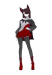  animal_ears boots brown_hair dress full_body hair_over_one_eye highres imaizumi_kagerou looking_at_viewer off-shoulder_dress off_shoulder red_footwear standing touhou white_background wolf_ears wolf_girl zenritsu 