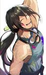  1boy arm_at_side blue_shirt closed_eyes fate/grand_order fate_(series) goggles goggles_around_neck hair_between_eyes happy highres long_hair male_focus ororooops paint_on_clothes paint_splatter ponytail shirt solo tank_top teeth very_long_hair white_background yan_qing_(fate) 