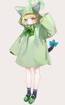  1girl absurdres alternate_costume animal_ear_hood bare_legs black_socks blonde_hair blue_archive blunt_bangs blush bow bowtie cat_tail full_body green_bow green_bowtie green_eyes green_footwear green_hood hair_ribbon halo highres light_smile long_sleeves looking_at_viewer measho midori_(blue_archive) ribbon simple_background socks solo tail 